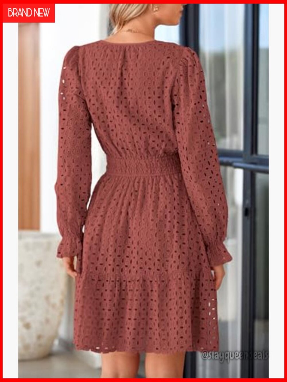 Long Sleeve Mini Dress V Neck A Line Ruffle Eyelet Casual Party - Picture 2 of 7